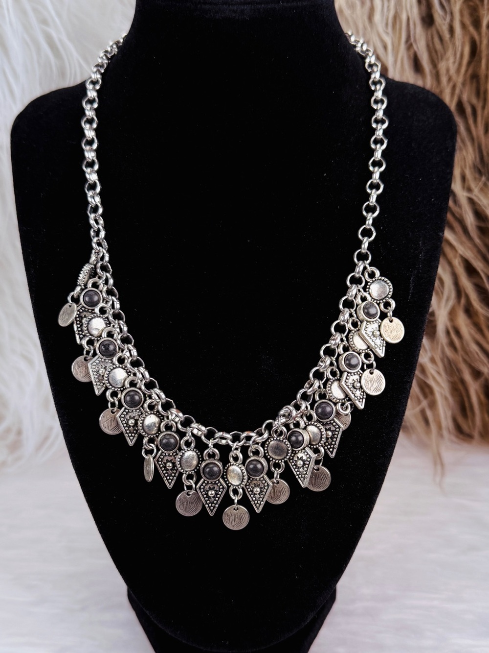 Vintage Boho Tribal Statement Necklace Silver Tone Coin Charm Bib Necklace